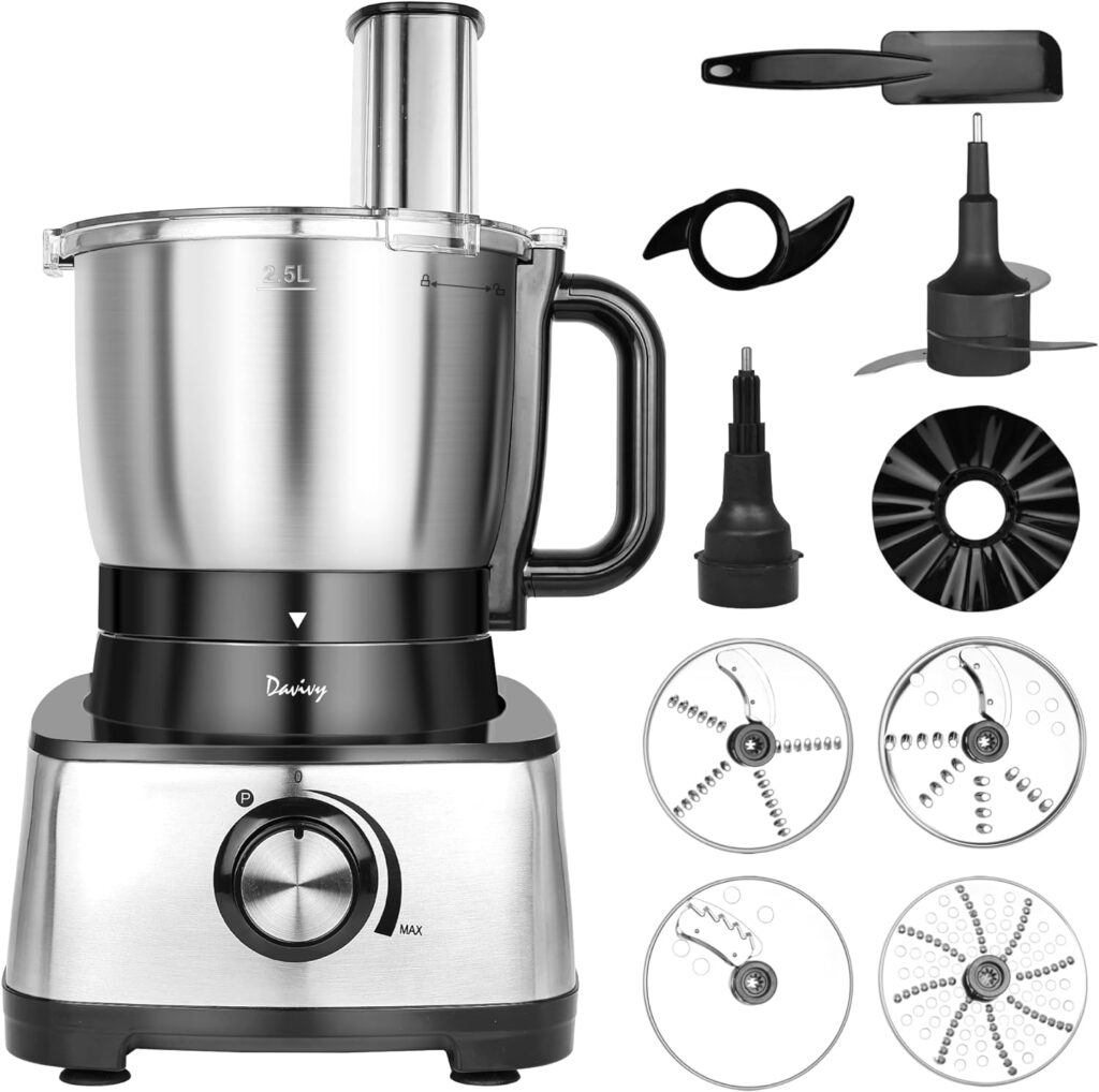 Davivy 12 Cup Food Processors, 304 Stainless Steel Bowl Professional Food Processor,7 Blades 9 Functions Vegetable Chopper for Home Use,Stepless Variable Control,Black,600W