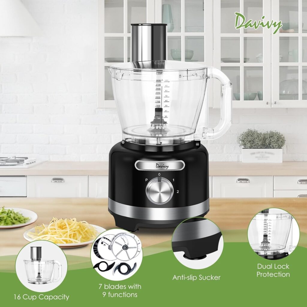 Davivy 12 Cup Food Processors, 304 Stainless Steel Bowl Professional Food Processor,7 Blades 9 Functions Vegetable Chopper for Home Use,Stepless Variable Control,Black,600W