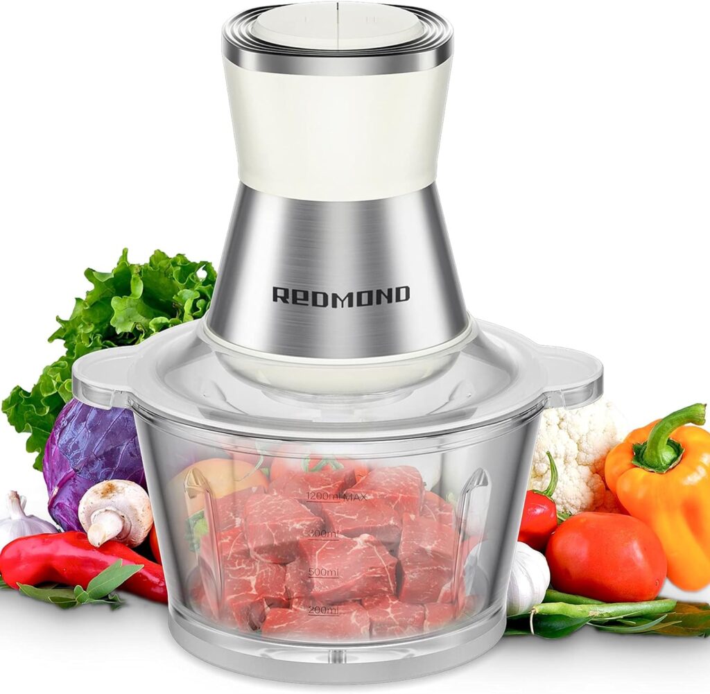 Electric Food Chopper, REDMOND 8-cup Food Processor with Garlic Peeler for Meat, Onion, Vegetable, 2L High Capacity Glass Bowl with 2 Speed, 350W Motor and 4-S Shape Stainless Steel Blades, Cream