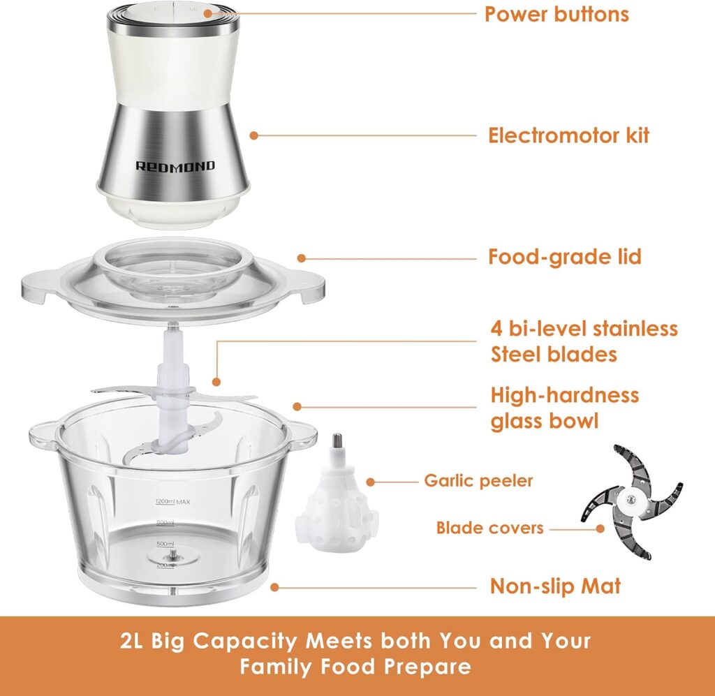 Electric Food Chopper, REDMOND 8-cup Food Processor with Garlic Peeler for Meat, Onion, Vegetable, 2L High Capacity Glass Bowl with 2 Speed, 350W Motor and 4-S Shape Stainless Steel Blades, Cream