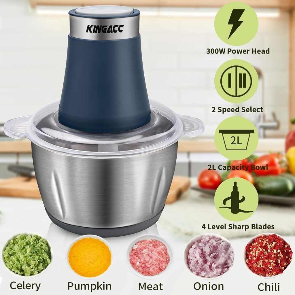 Electric Food Processor Vegetable Chopper, 8-Cup Blender Grinder for Meat, Vegetables, Onion, Garlic, with 8Cup/10Cup Stainless Steel Bowl and 4 Sharp Blades