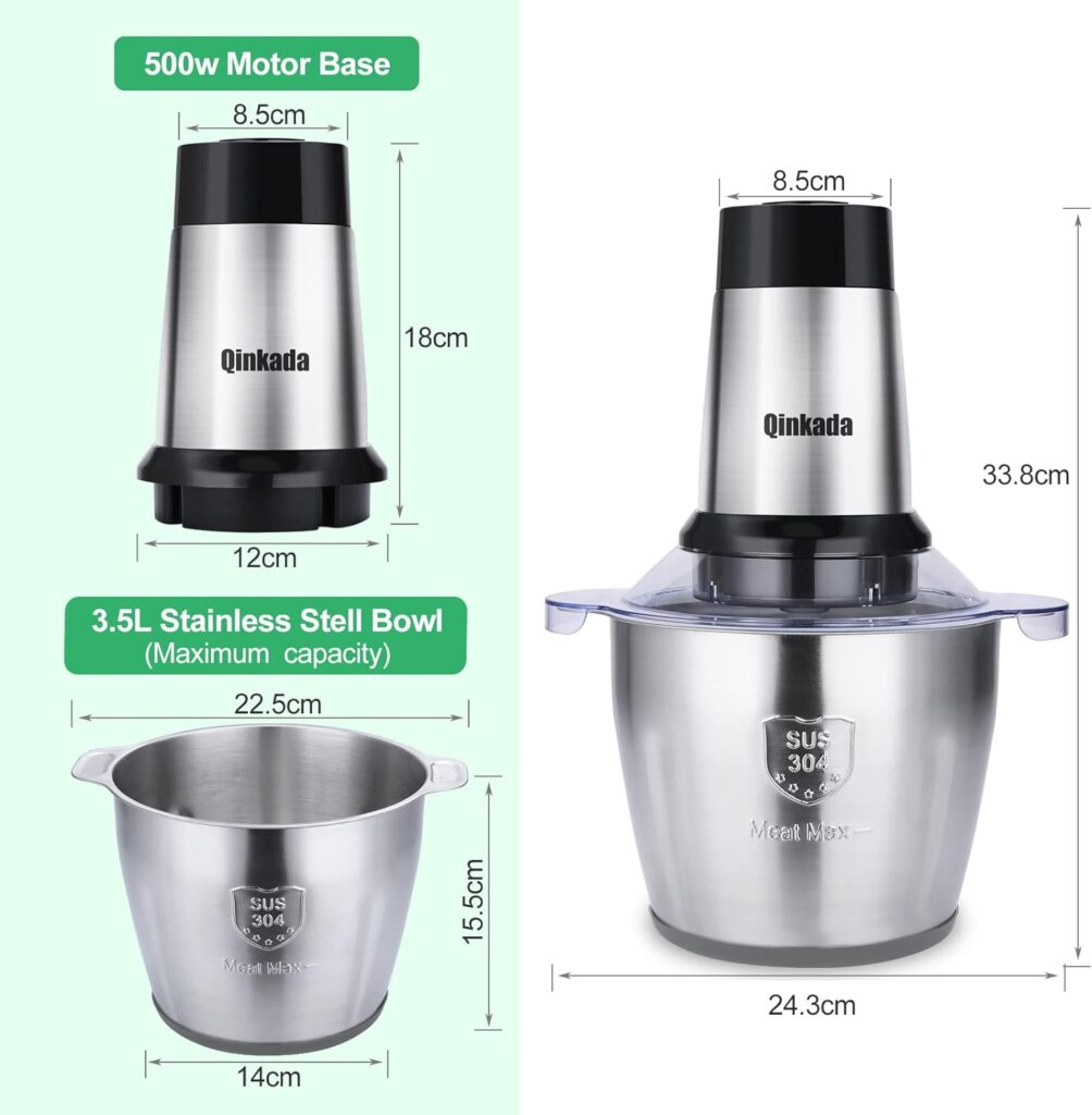 Electric Meat Grinder, Qinkada 500W Food Processor 3.5L Chopping Meat, 14Cup Large Stainless Steel Electric Food Chopper with 4 Sharp Blades 3 Rotating Speed Levels and Spatula