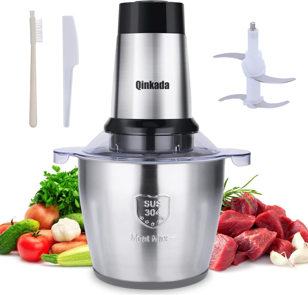 Electric Meat Grinder, Qinkada 500W Food Processor 3.5L Chopping Meat, 14Cup Large Stainless Steel Electric Food Chopper with 4 Sharp Blades 3 Rotating Speed Levels and Spatula