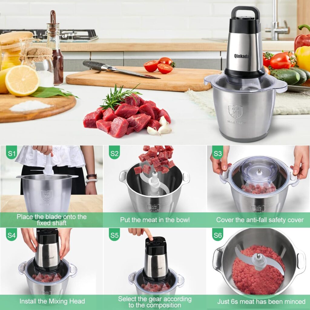 Electric Meat Grinder, Qinkada 500W Food Processor 3.5L Chopping Meat, 14Cup Large Stainless Steel Electric Food Chopper with 4 Sharp Blades 3 Rotating Speed Levels and Spatula
