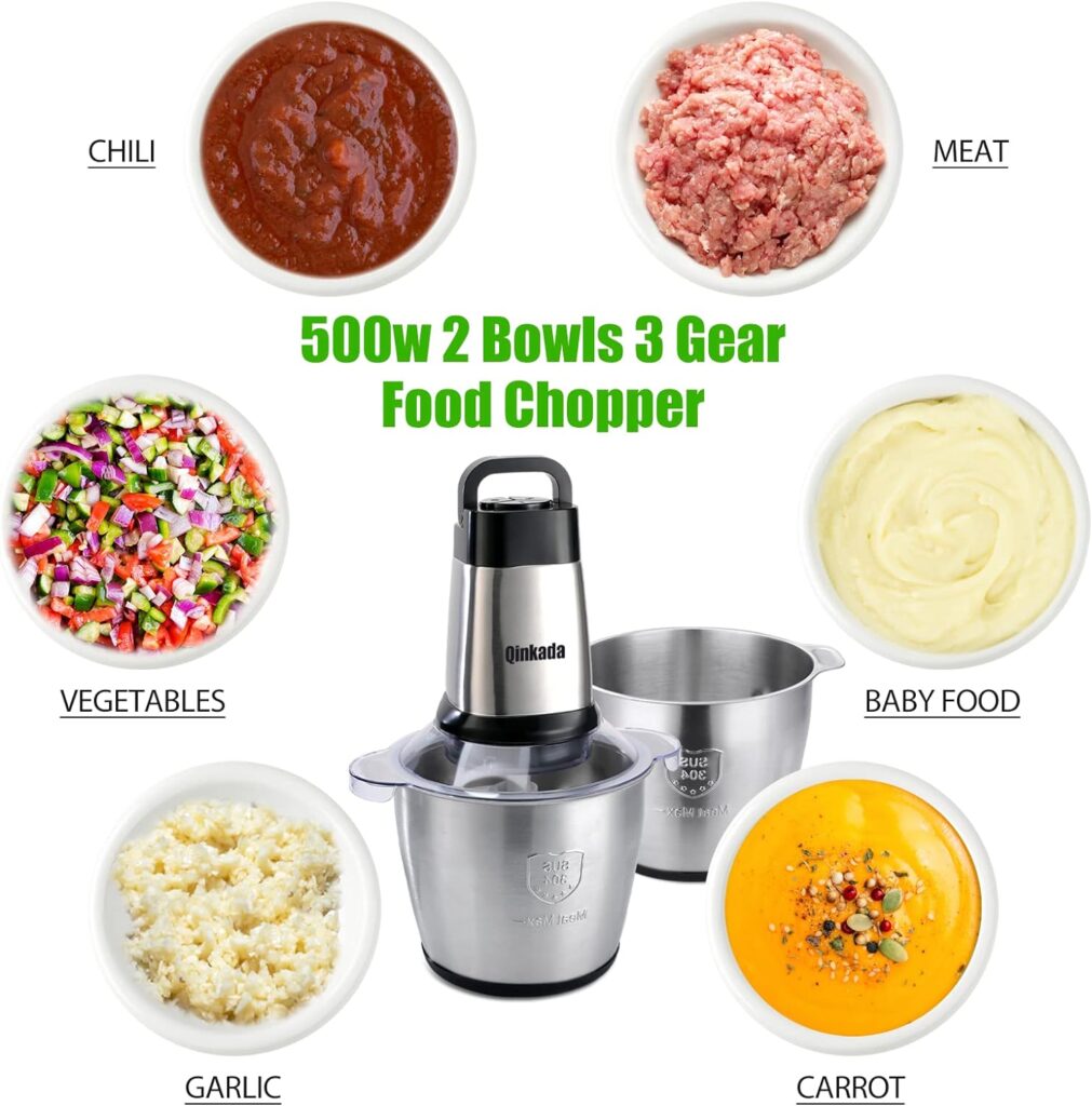 Electric Meat Grinder, Qinkada 500W Food Processor 3.5L Chopping Meat, 14Cup Large Stainless Steel Electric Food Chopper with 4 Sharp Blades 3 Rotating Speed Levels and Spatula