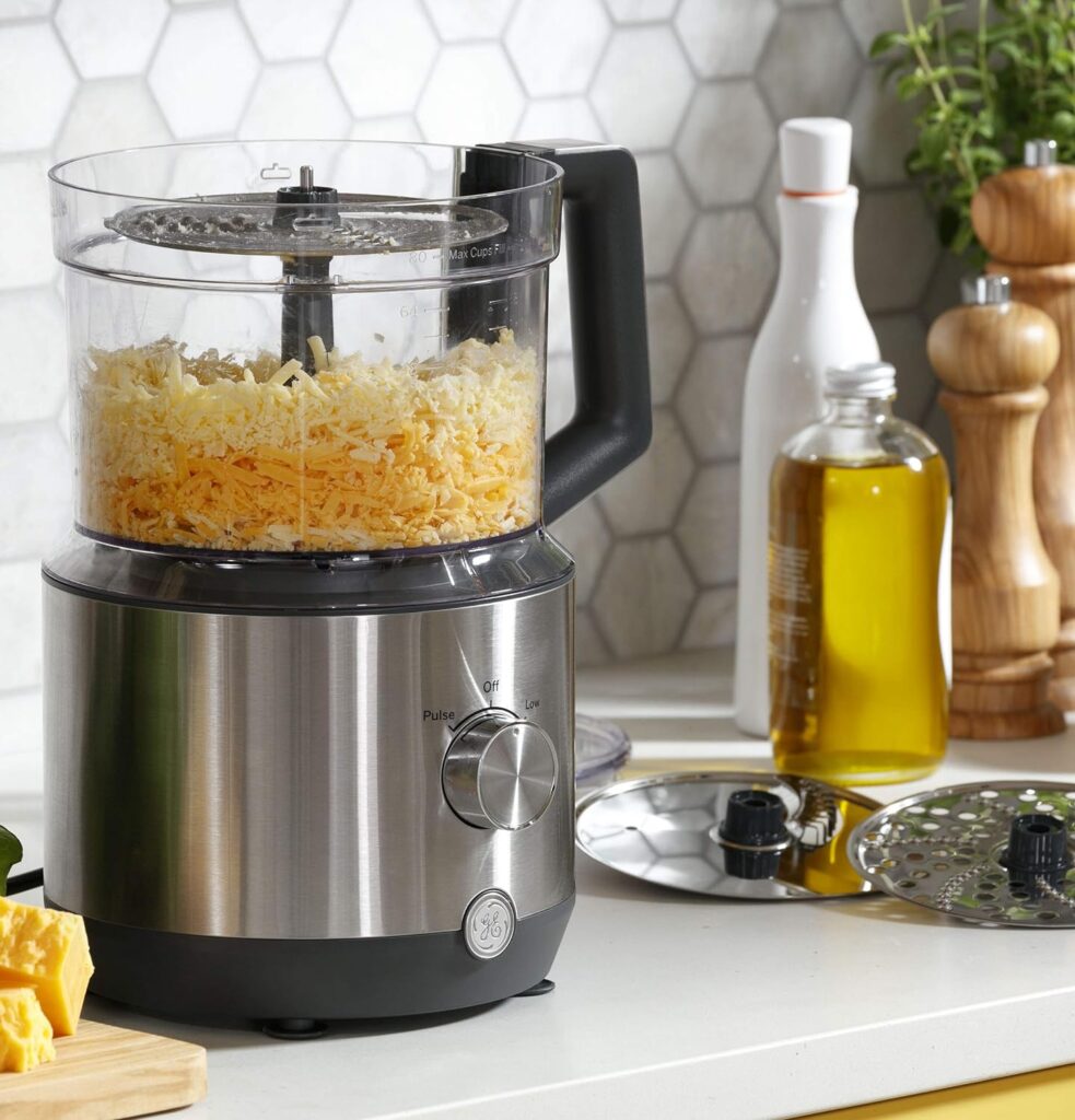 GE Food Processor | 12 Cup | Complete With 3 Feeding Tubes  Stainless Steel Accessories - 3 Discs + Dough Blade | 3 Speed | Great for Shredded Cheese, Chicken  More | Kitchen Essentials | 550 Watts