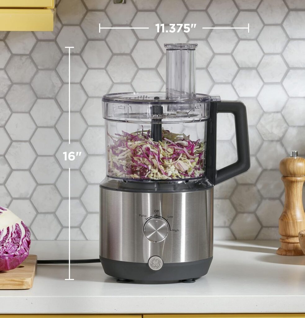 GE Food Processor | 12 Cup | Complete With 3 Feeding Tubes  Stainless Steel Accessories - 3 Discs + Dough Blade | 3 Speed | Great for Shredded Cheese, Chicken  More | Kitchen Essentials | 550 Watts