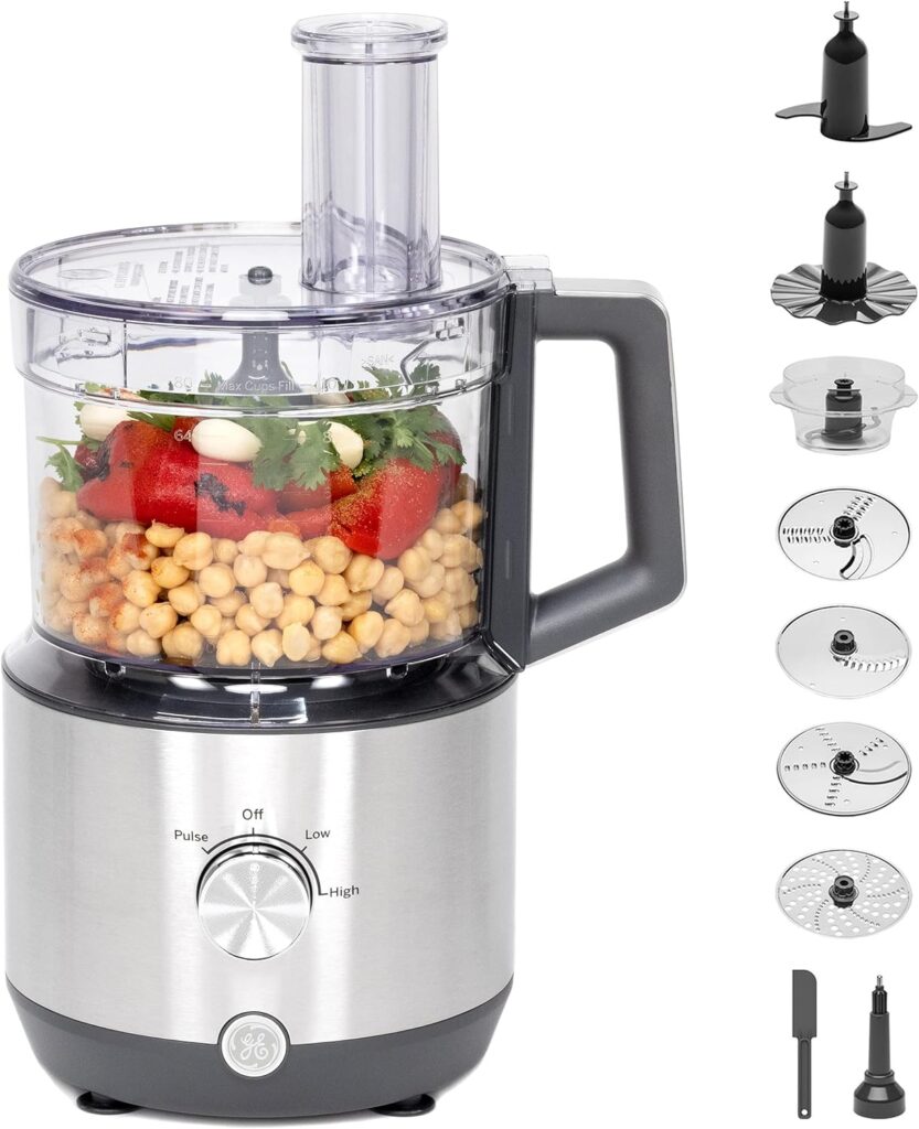GE Food Processor | 12 Cup | Complete With 3 Feeding Tubes  Stainless Steel Accessories - 3 Discs + Dough Blade | 3 Speed | Great for Shredded Cheese, Chicken  More | Kitchen Essentials | 550 Watts
