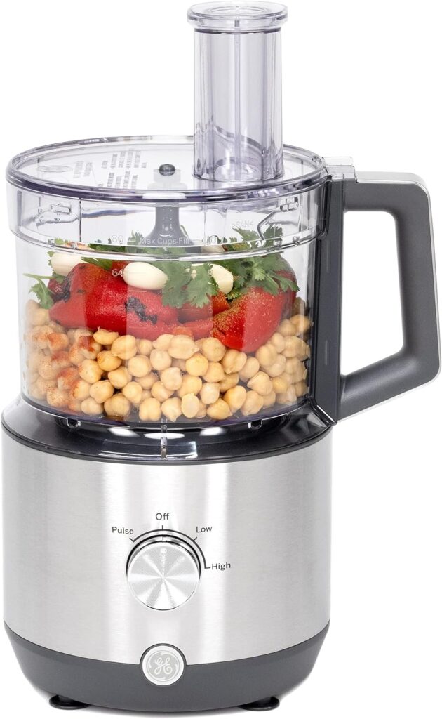 GE Food Processor | 12 Cup | Complete With 3 Feeding Tubes  Stainless Steel Accessories - 3 Discs + Dough Blade | 3 Speed | Great for Shredded Cheese, Chicken  More | Kitchen Essentials | 550 Watts