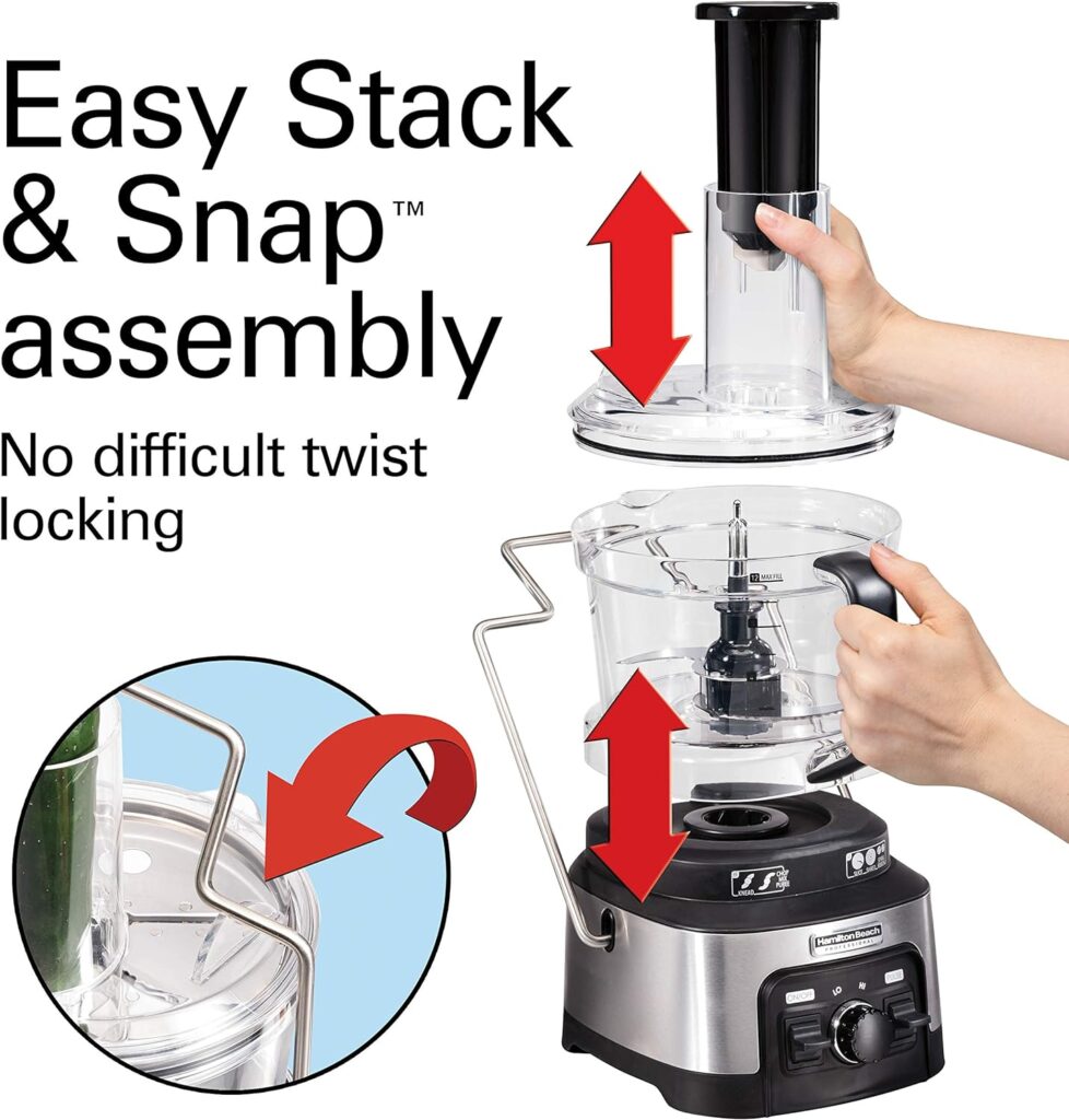 Hamilton Beach Professional Stack  Snap Food Processor  Veggie Spiralizer for Slicing, Shredding and Kneading, Extra-Large 3 Feed Chute Fits Whole Vegetables, 12 Cups, Stainless Steel (70815)