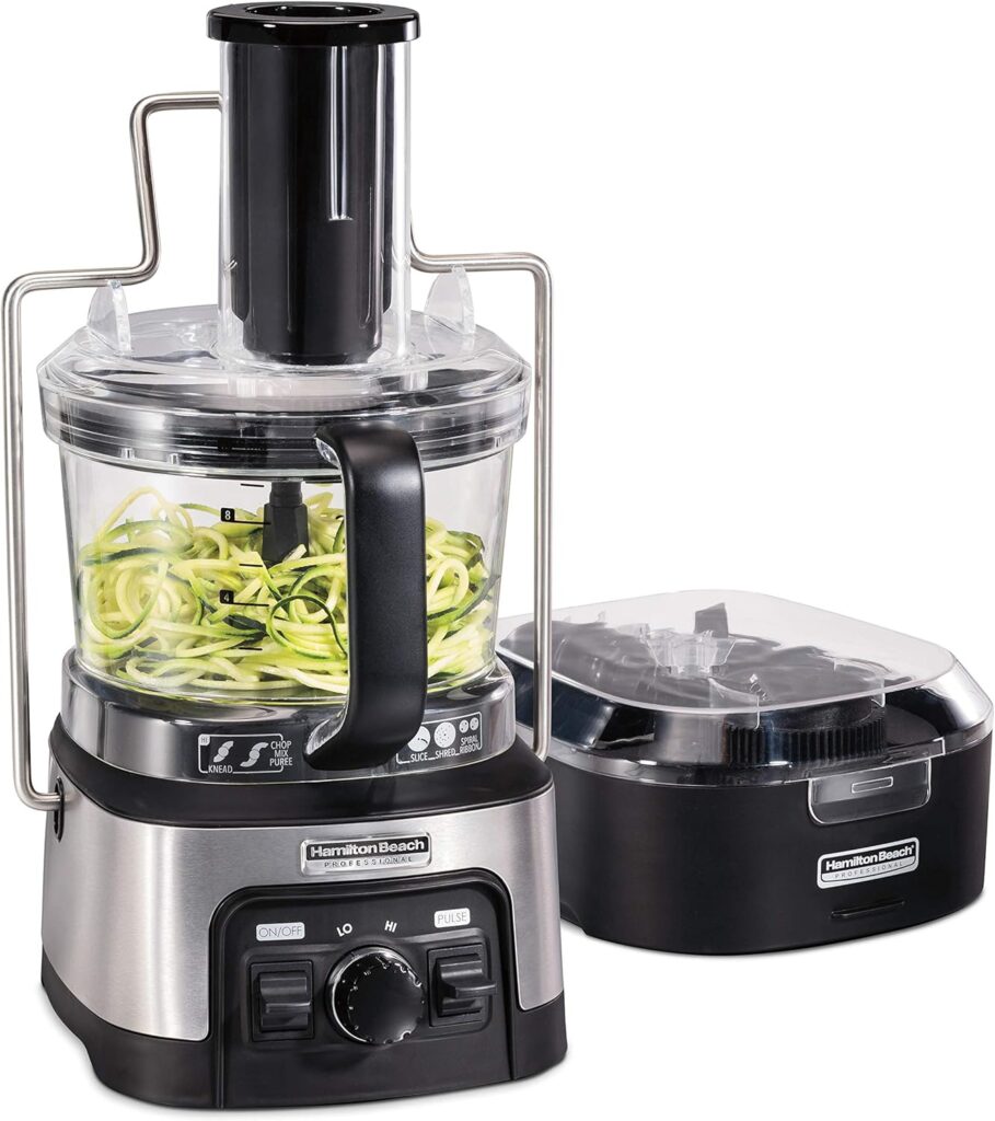 Hamilton Beach Professional Stack  Snap Food Processor  Veggie Spiralizer for Slicing, Shredding and Kneading, Extra-Large 3 Feed Chute Fits Whole Vegetables, 12 Cups, Stainless Steel (70815)