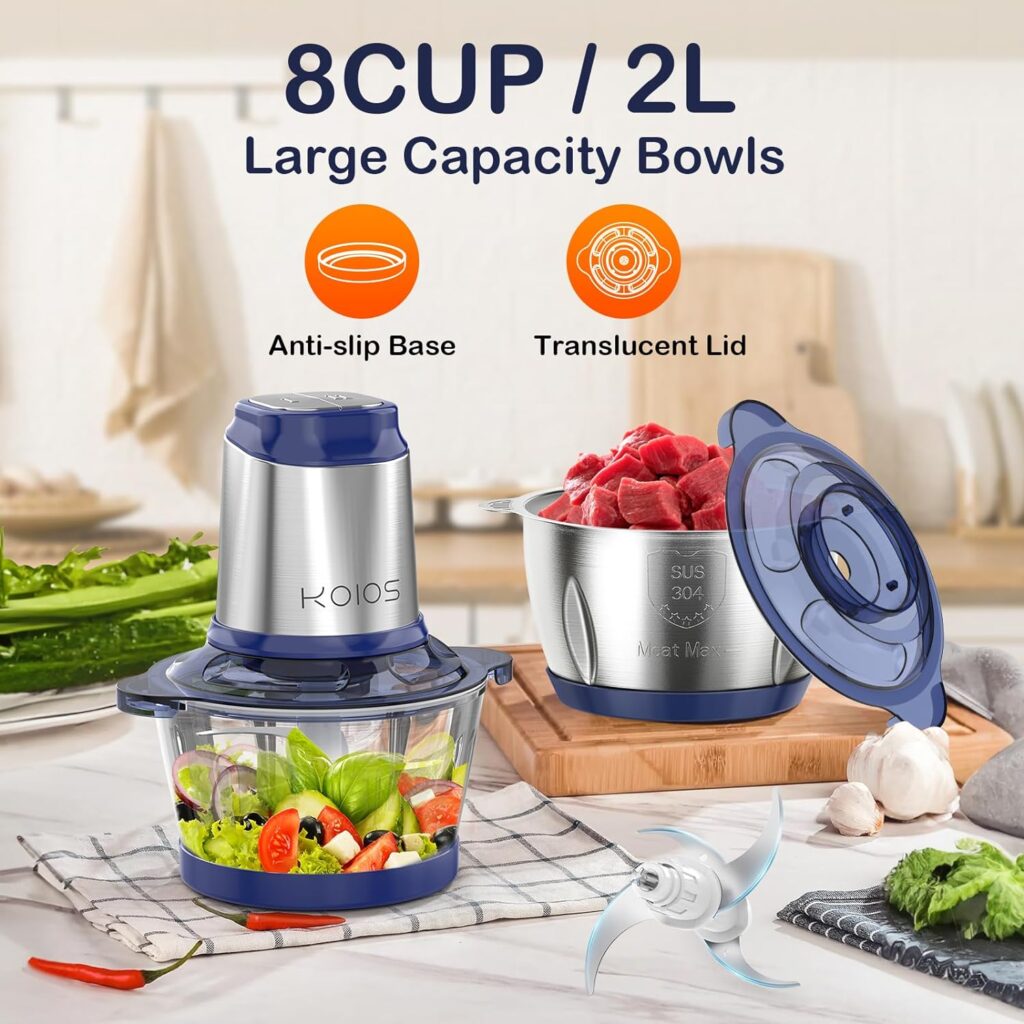 KOIOS 500W Powerful Electric Food Processor with 8 Cup Stainless Steel  Glass Bowls, 2 Speed Mode Electric Food Chopper with 2 Sets Blades Electric Meat Grinder Chopper for Family  Baby Use