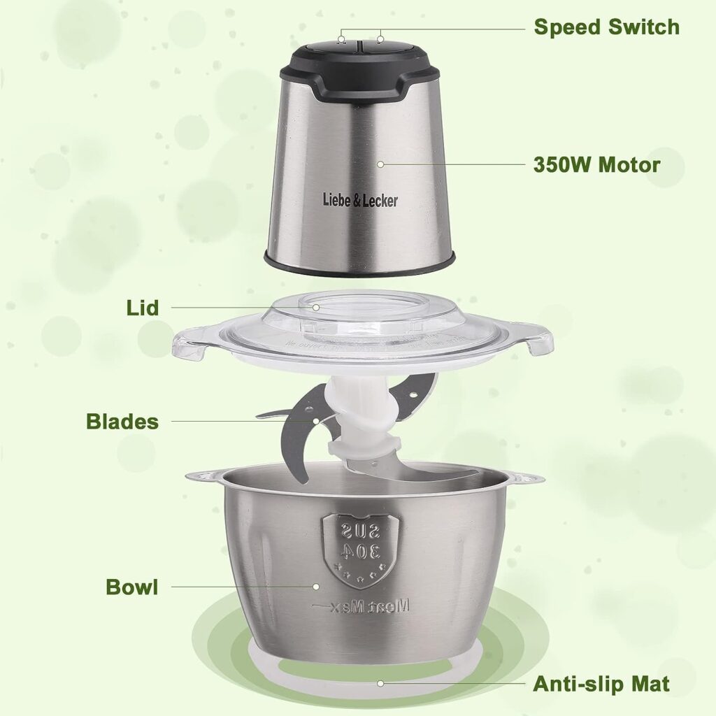 LiebeLecker Food Processor, Electric Food Chopper with 2 Bowls 8 Cup and 8 Cup, Meat Grinder with 4 Large Sharp Blades for Fruits, Meat, Vegetables, Baby Food, Nuts, 2 Speed, 350W