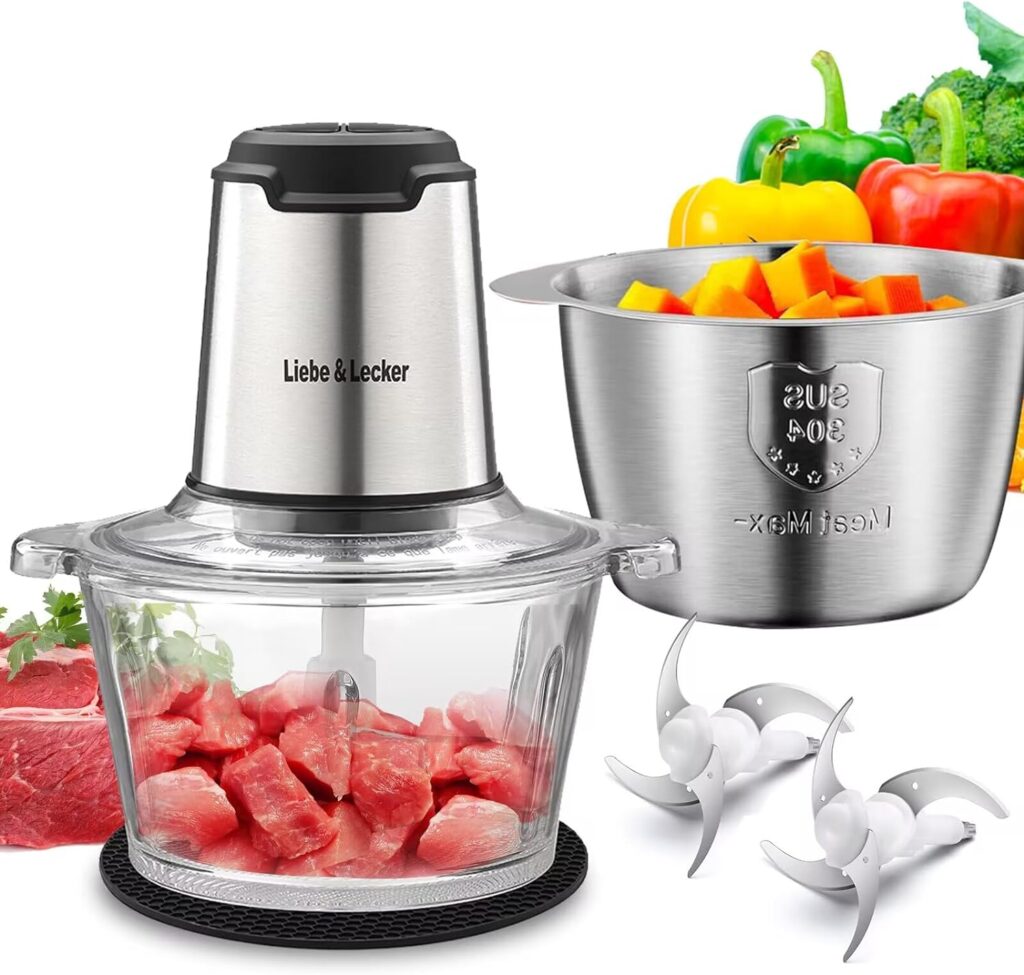 LiebeLecker Food Processor, Electric Food Chopper with 2 Bowls 8 Cup and 8 Cup, Meat Grinder with 4 Large Sharp Blades for Fruits, Meat, Vegetables, Baby Food, Nuts, 2 Speed, 350W