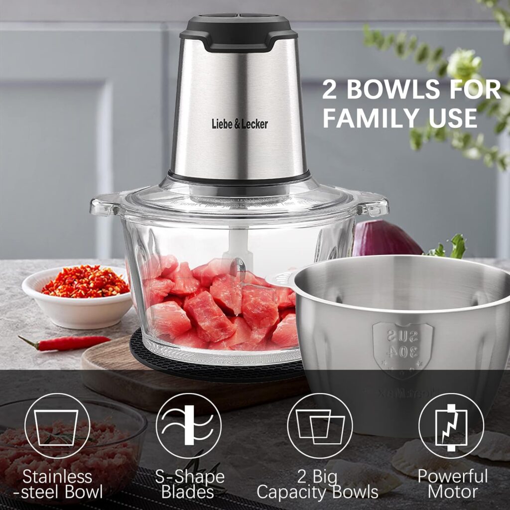 LiebeLecker Food Processor, Electric Food Chopper with 2 Bowls 8 Cup and 8 Cup, Meat Grinder with 4 Large Sharp Blades for Fruits, Meat, Vegetables, Baby Food, Nuts, 2 Speed, 350W