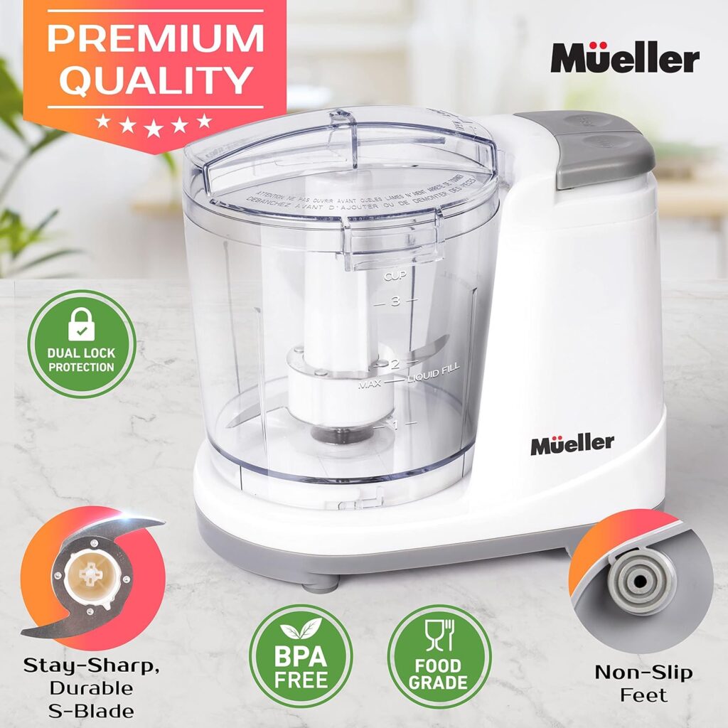 Mueller Mini Food Processor, Electric Food Chopper, 1.5-cup Meat Grinder, Mix, Chop, Mince and Blend Vegetables, Fruits, Nuts, Meats, Stainless Steel Blade, Black