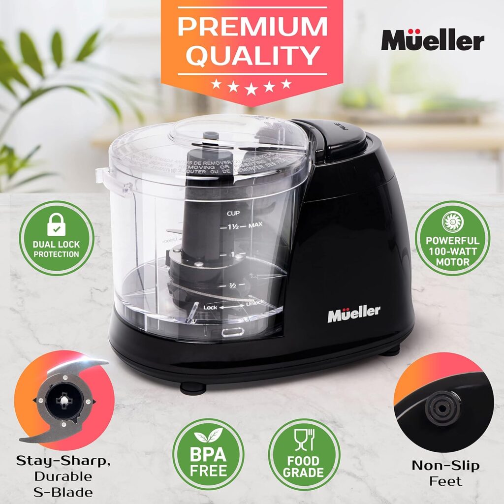 Mueller Mini Food Processor, Electric Food Chopper, 1.5-cup Meat Grinder, Mix, Chop, Mince and Blend Vegetables, Fruits, Nuts, Meats, Stainless Steel Blade, Black