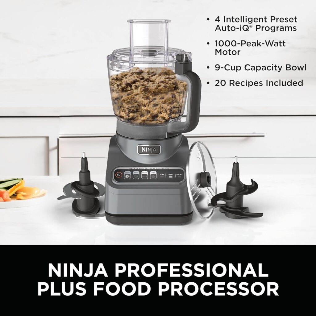 Ninja BN601 Professional Plus Food Processor, 1000 Peak Watts, 4 Functions for Chopping, Slicing, Purees  Dough with 9-Cup Processor Bowl, 3 Blades, Food Chute  Pusher, Silver