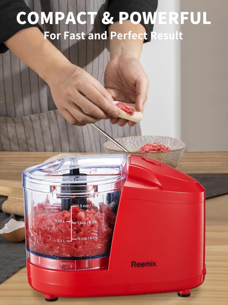 Reemix 1.5-Cup One-Touch Electric Food Chopper, 100W Mini Food Processor Meat Grinder, Mix, Chop, Mince and Blend Vegetables, Fruits, Nuts, Meats, Stainless Steel Blade (Red)