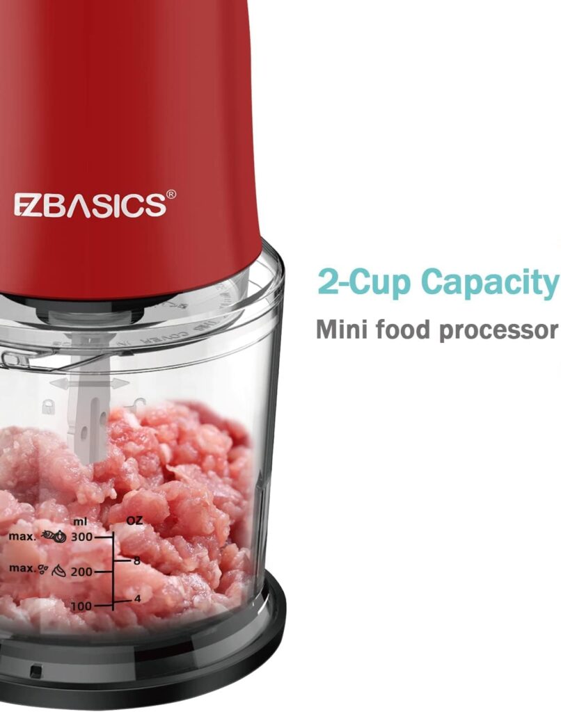 Food Processor, EZBASICS Small Food Processor for Vegetables, Meat, Fruits, Nuts, 2 Speed Mini Food Chopper With Sharp Blades, 2-Cup Capacity, Red