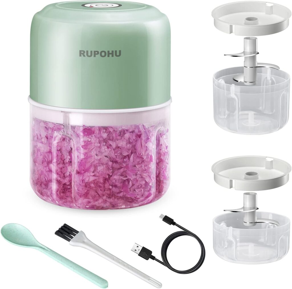 RUPOHU Wireless Electric Mini Food Choppers, Green Powerful Electric Garlic Chopper，Small Food Processor For Garlic Pepper Chili Onion Celery Ginger Meat with Spoon and Brush（100+250ml)