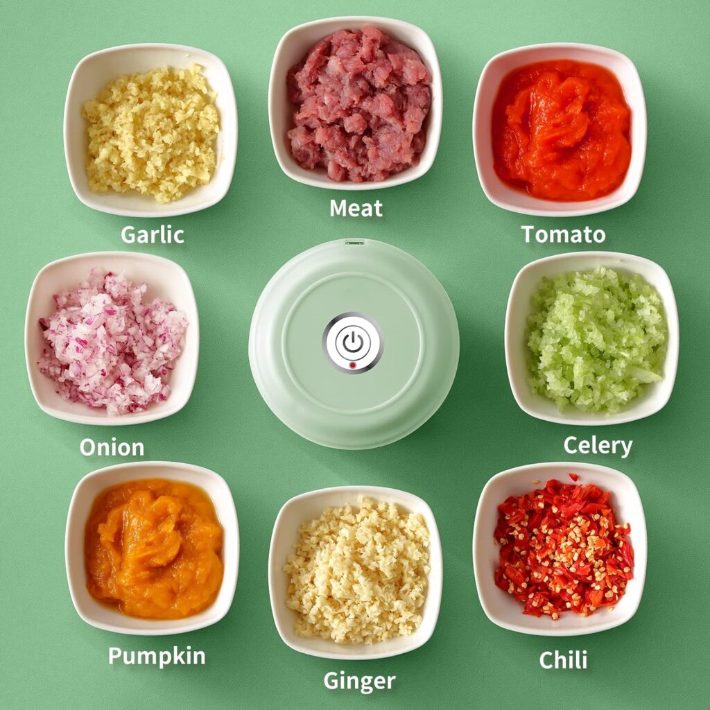 RUPOHU Wireless Electric Mini Food Choppers, Green Powerful Electric Garlic Chopper，Small Food Processor For Garlic Pepper Chili Onion Celery Ginger Meat with Spoon and Brush（100+250ml)